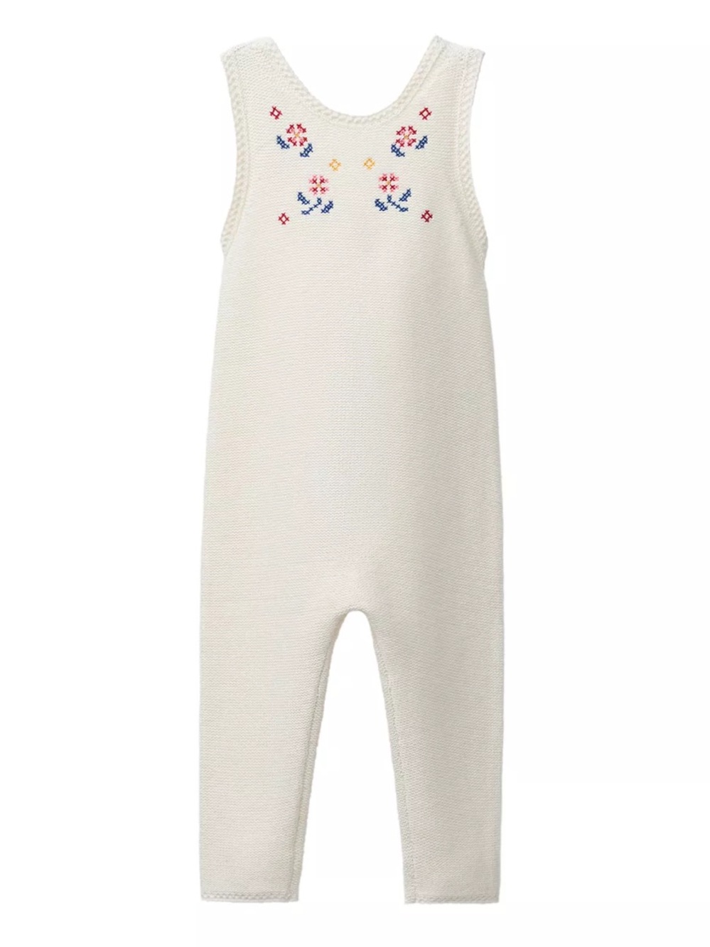 Long knit overalls with cross-stitch details